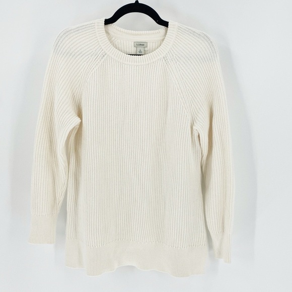 LL Bean ribbed 100% cotton side slit pullover cream colored sweater minimalist - Picture 1 of 7